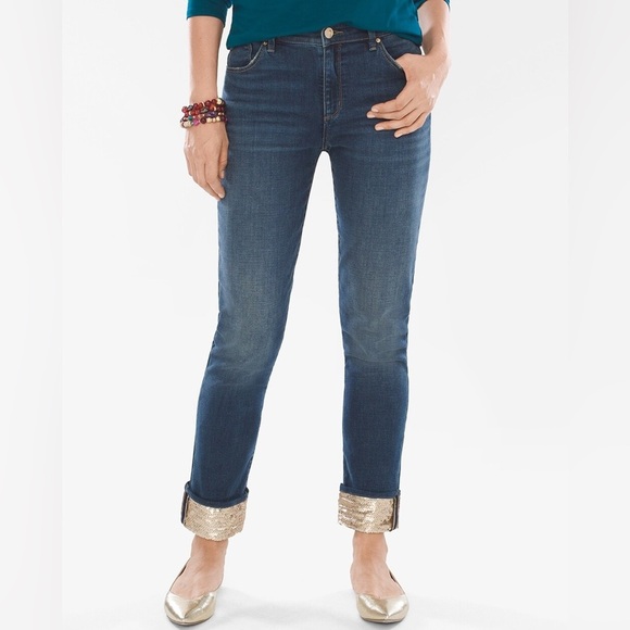 Chico’s Women’s Size 4 Gold Sequined Cuff Boyfriend Ankle Jeans NWT Stretch - Picture 1 of 6